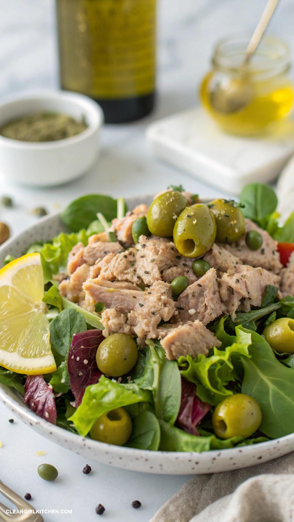 italian salads Tuna Salad Canned tuna mixed greens olives capers and a lemon olive oil dressing