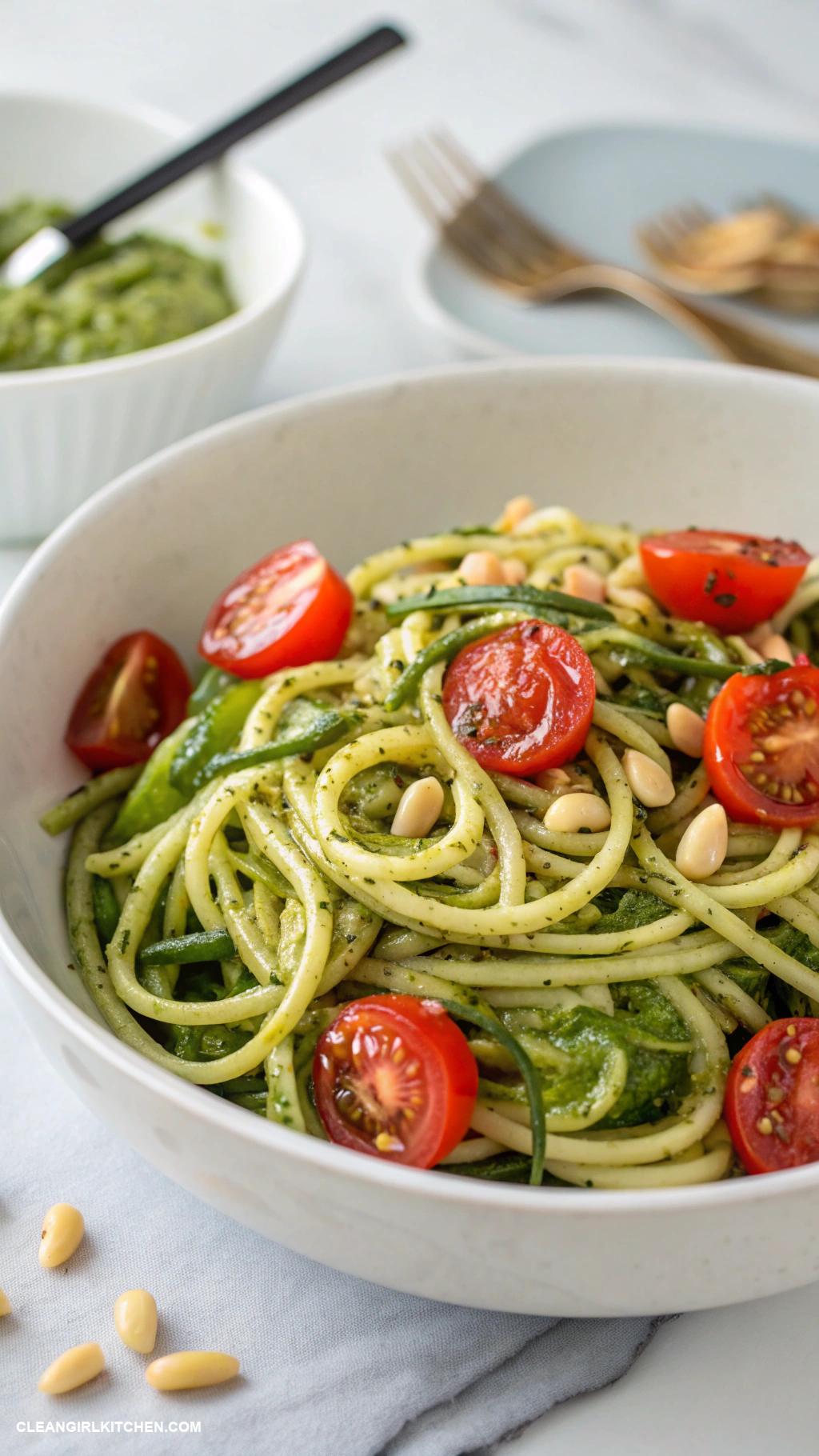 italian salads Zucchini Noodle Salad Spiralized zucchini cherry tomatoes pesto and pine nuts