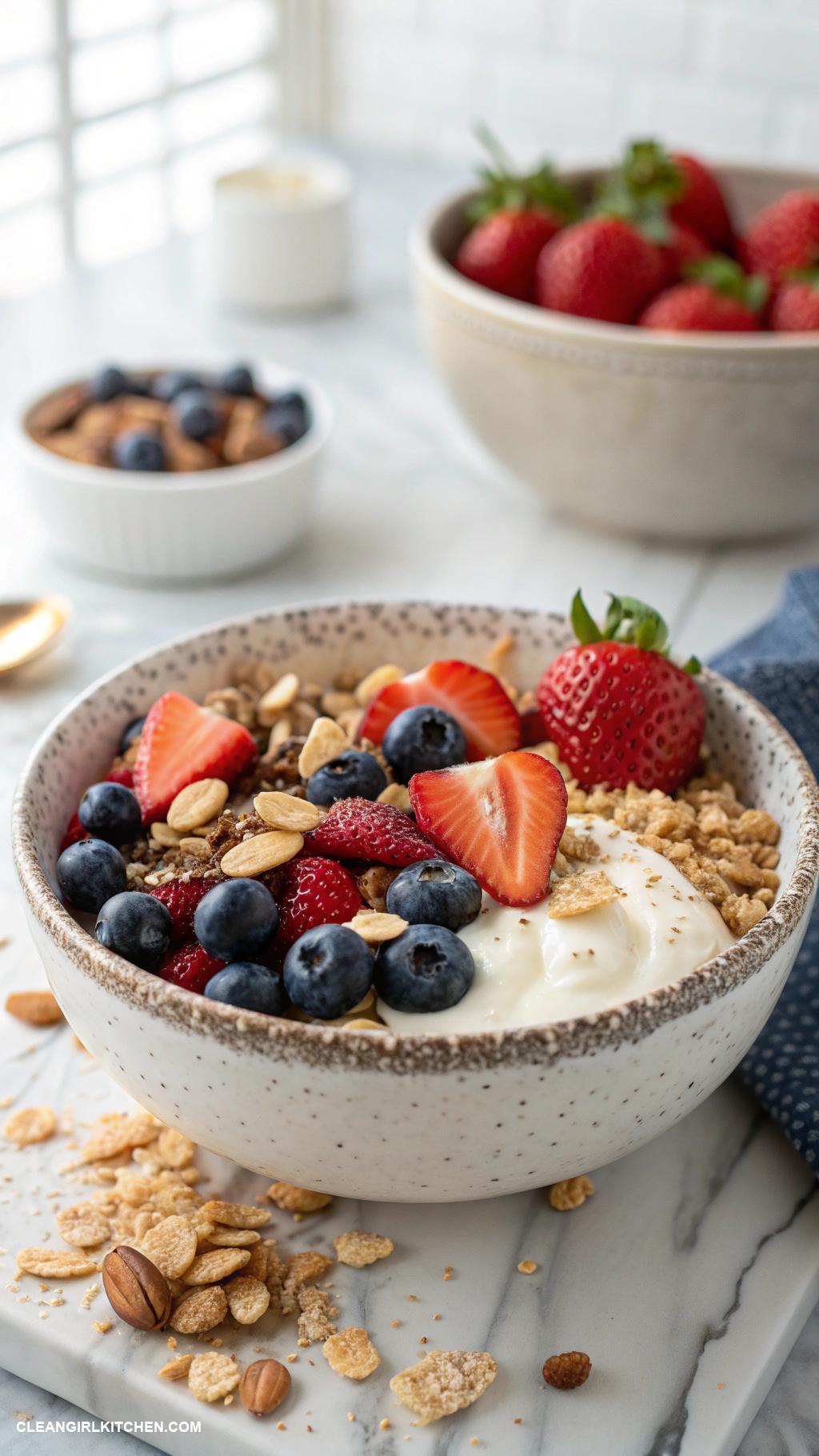 greek yogurt bowls Berry and Nut Bowl Greek yogurt topped with a mix of fresh strawberries blueberries and a sprinkle of chopped almonds