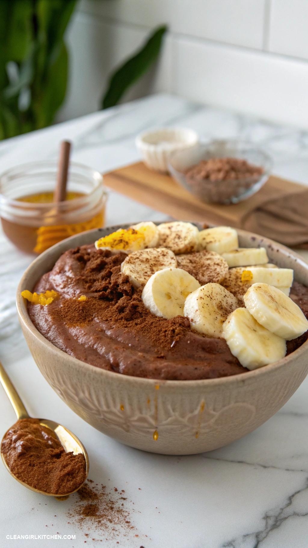 greek yogurt bowls Chocolate Banana Bowl Greek yogurt blended with cocoa powder topped with banana slices and a drizzle of honey