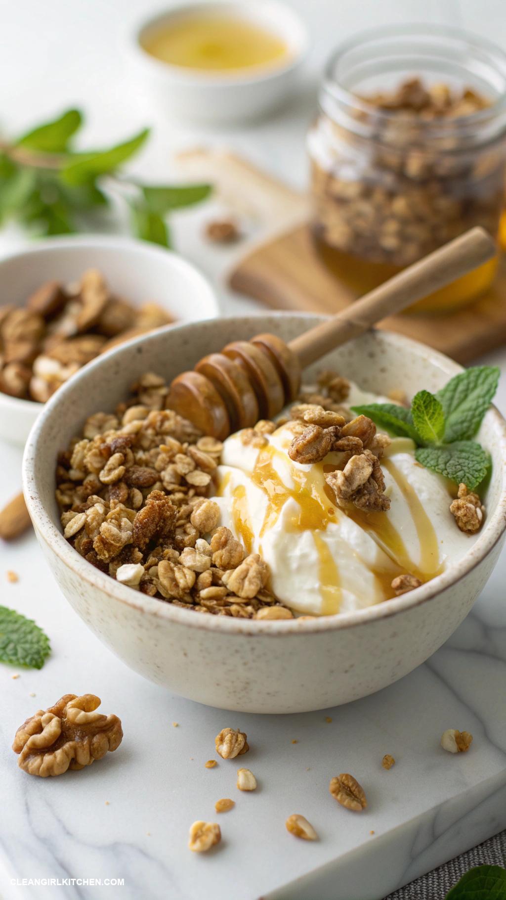 greek yogurt bowls Honey Walnut Granola Bowl Greek yogurt drizzled with honey topped with chopped walnuts and a handful of whole grain granola