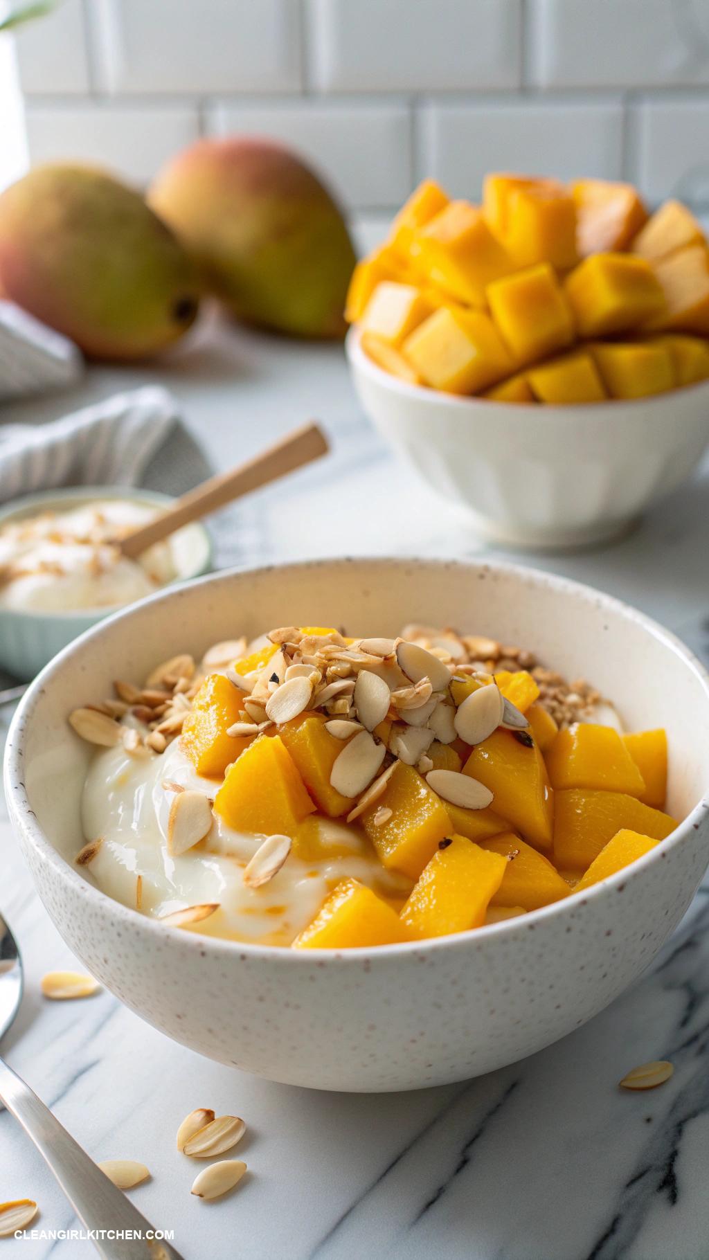 greek yogurt bowls Mango Almond Bowl Greek yogurt with diced mango a sprinkle of slivered almonds and a touch of vanilla extract