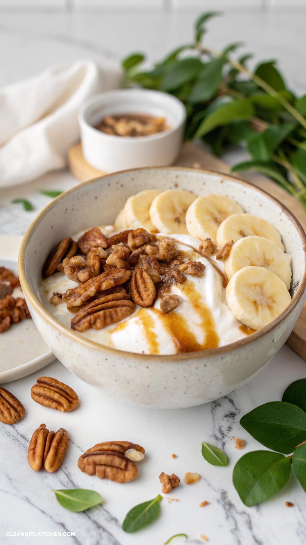 greek yogurt bowls Maple Pecan Bowl Greek yogurt sweetened with a touch of maple syrup topped with pecans and sliced bananas