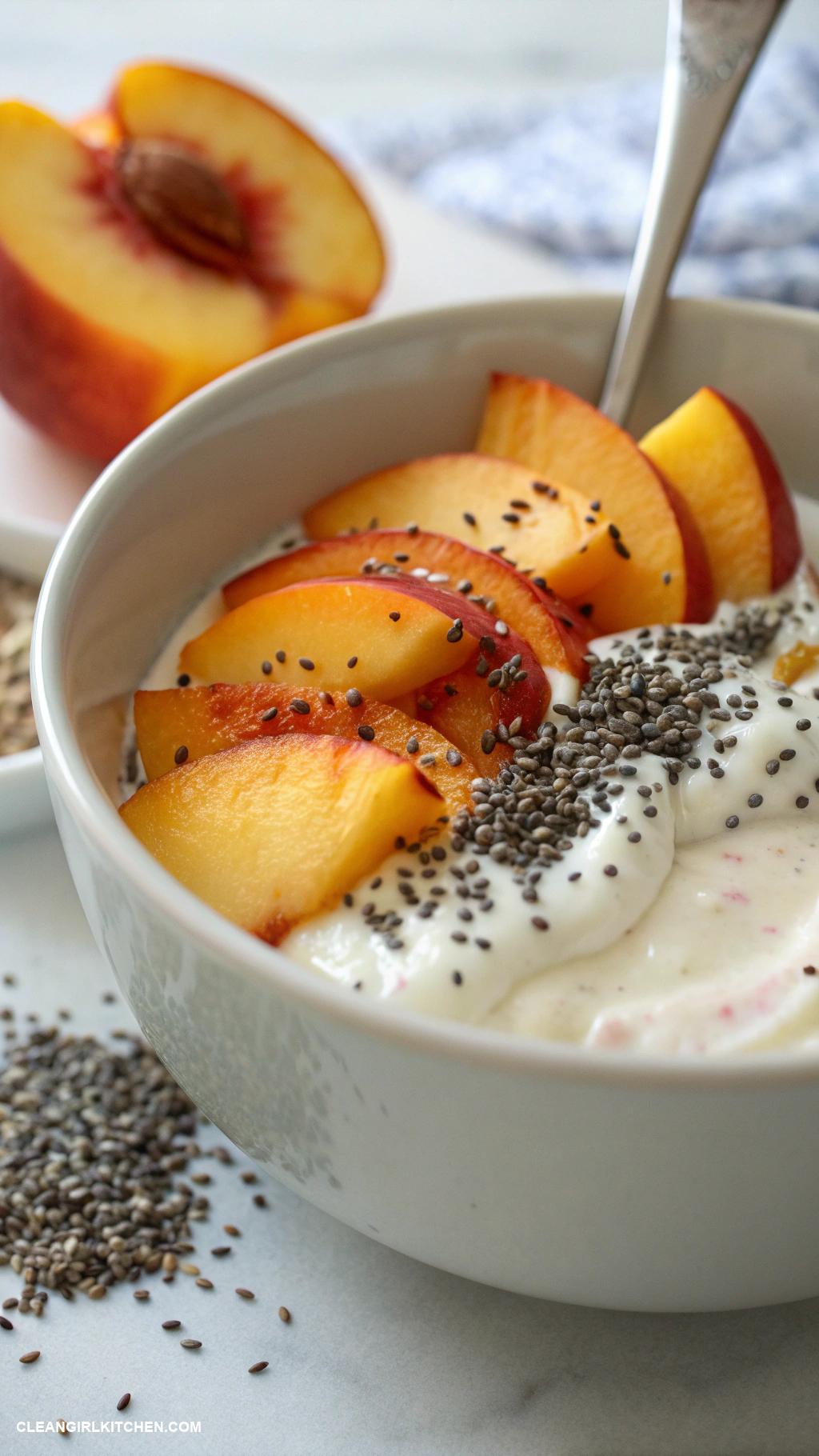 greek yogurt bowls Peach and Chia Seed Bowl Greek yogurt topped with sliced fresh peaches and a tablespoon of chia seeds for added fiber
