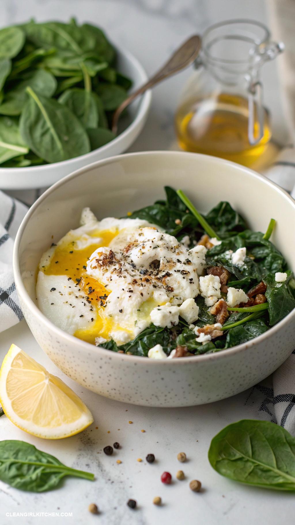 greek yogurt bowls Savory Spinach and Feta Bowl Greek yogurt mixed with sautyed spinach crumbled feta cheese and a drizzle of olive oil
