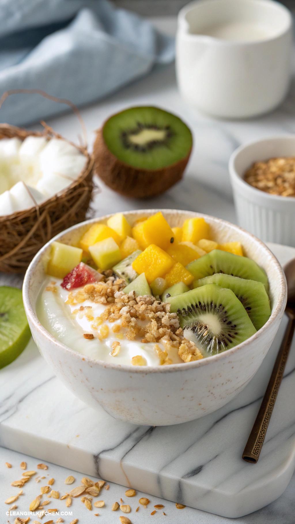 greek yogurt bowls Tropical Paradise Bowl Greek yogurt with sliced kiwi pineapple and a handful of toasted coconut flakes