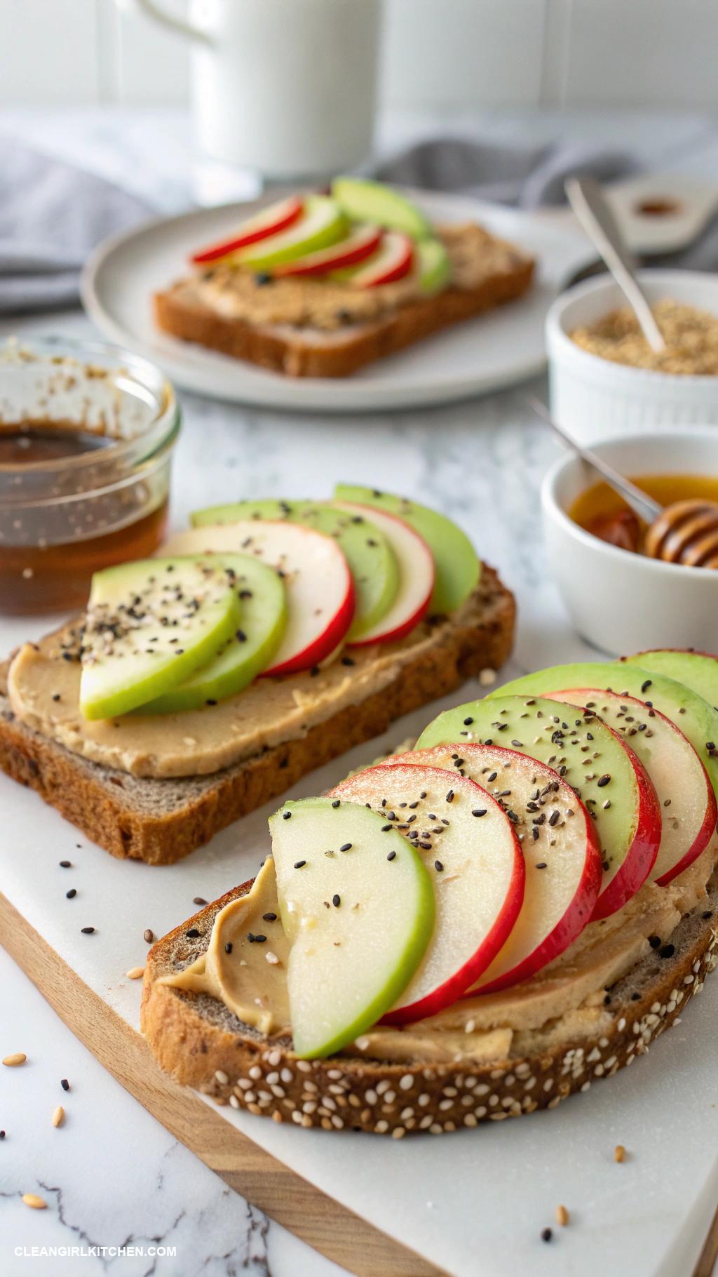 healthy breakfast tartines Almond butter and apple slices on toast