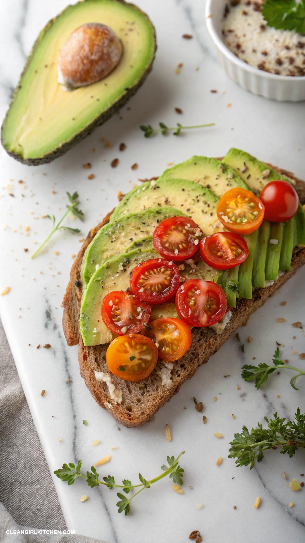 healthy breakfast tartines Avocado and cherry tomato on whole grain