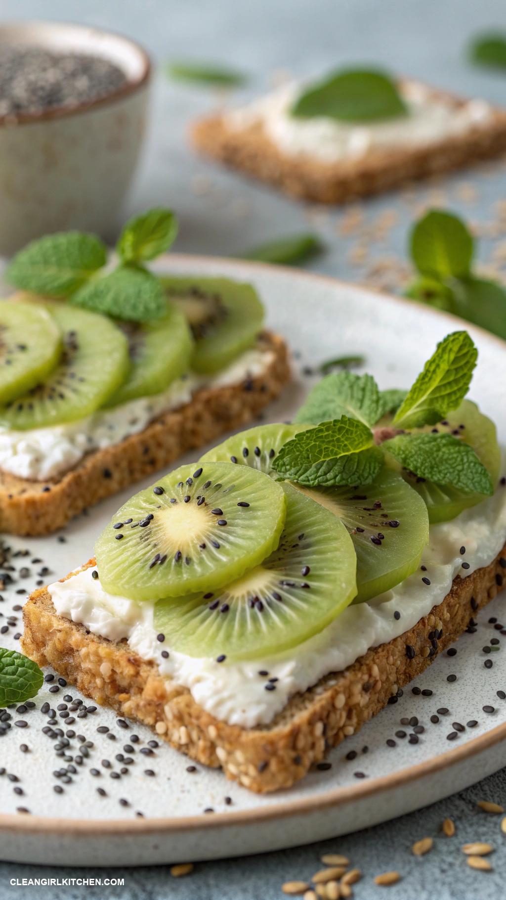healthy breakfast tartines Chia pudding and kiwi on oat bread