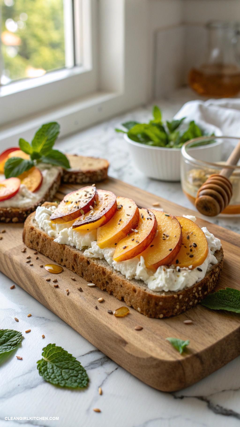 healthy breakfast tartines Cottage cheese and sliced peaches tartine