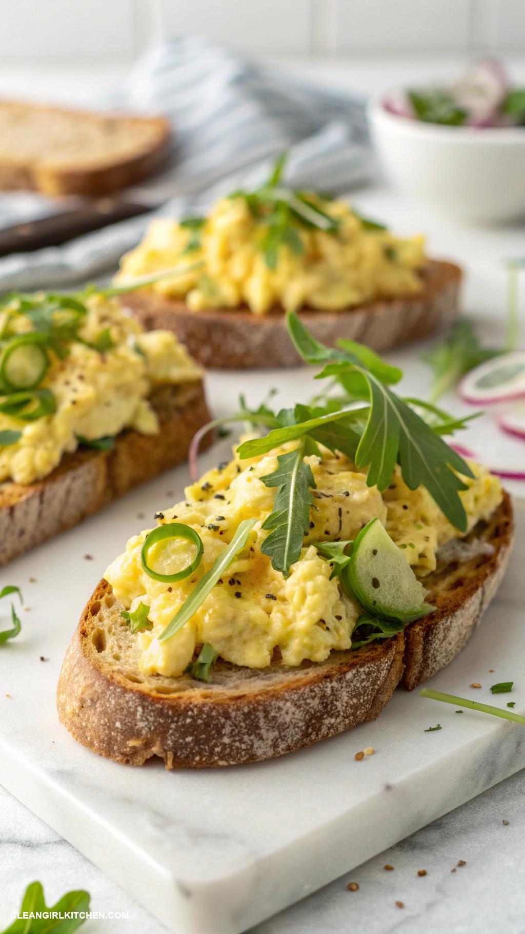healthy breakfast tartines Egg salad and arugula on sourdough