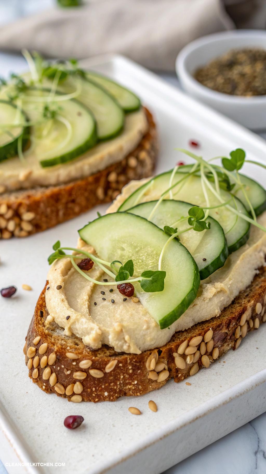 healthy breakfast tartines Hummus and cucumber on multigrain toast