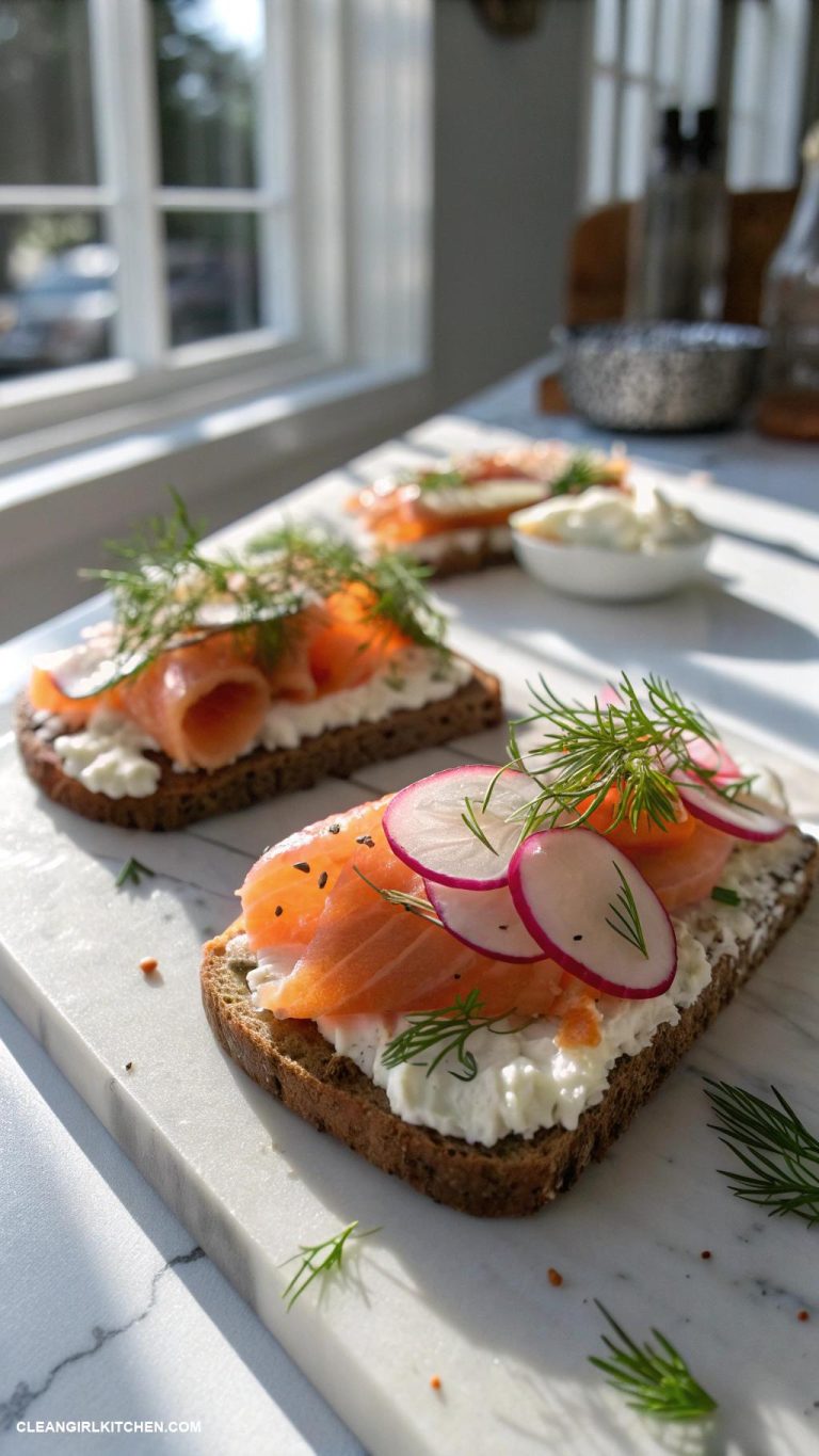 healthy breakfast tartines Smoked salmon and cream cheese on pumpernickel
