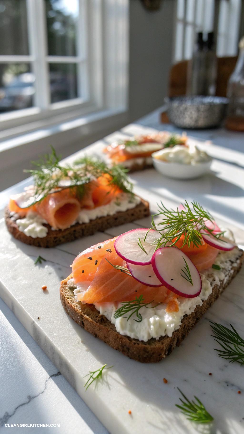 healthy breakfast tartines Smoked salmon and cream cheese on pumpernickel