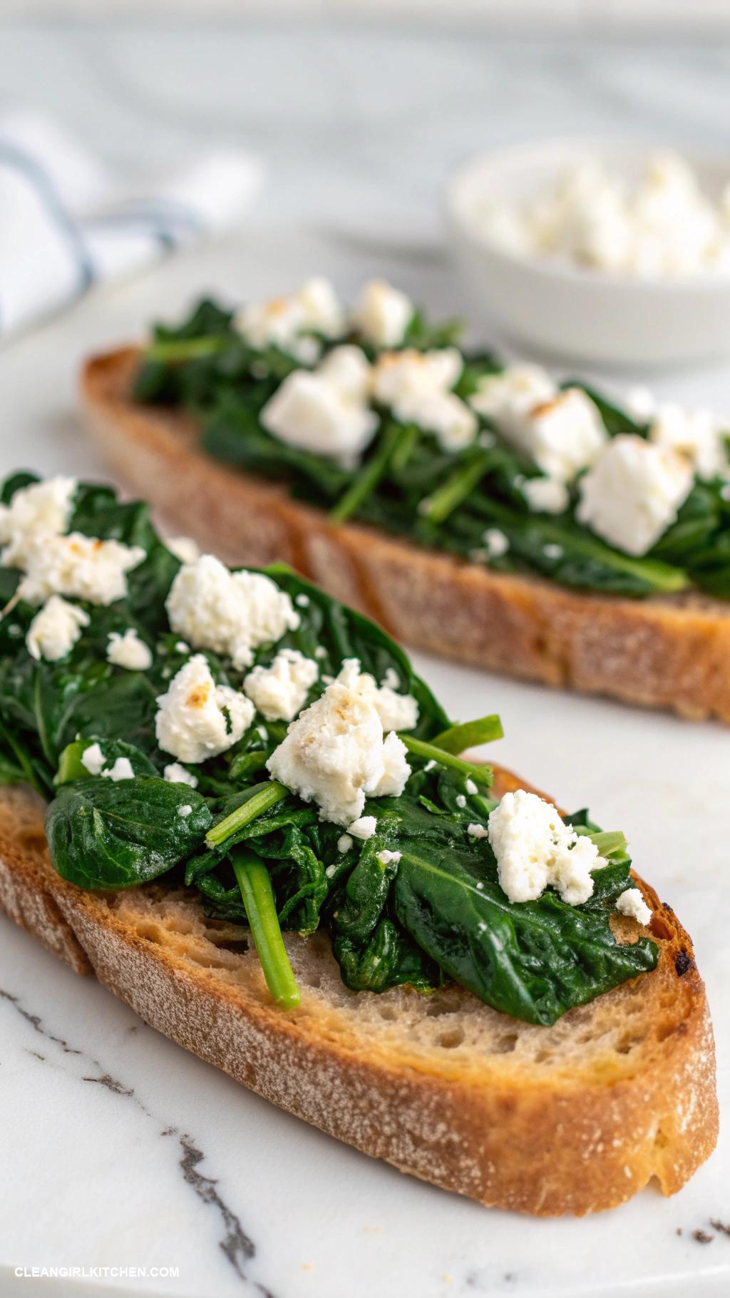 healthy breakfast tartines Spinach and feta on whole wheat baguette