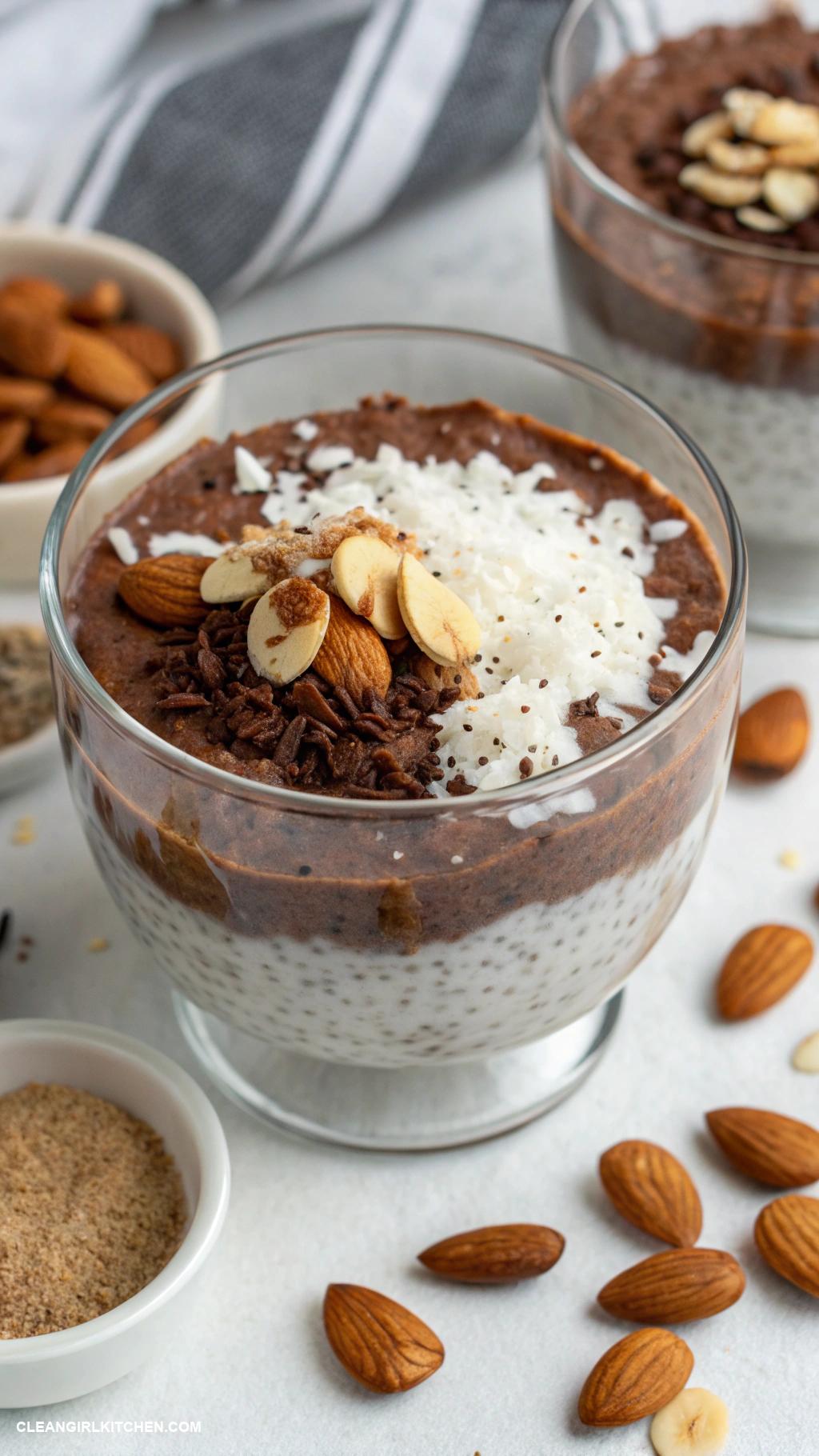 healthy chia pudding recipes Almond Joy Chia Pudding Mix chia seeds with coconut milk cocoa powder and almond extract. Top with shredded coconut and chopped almonds