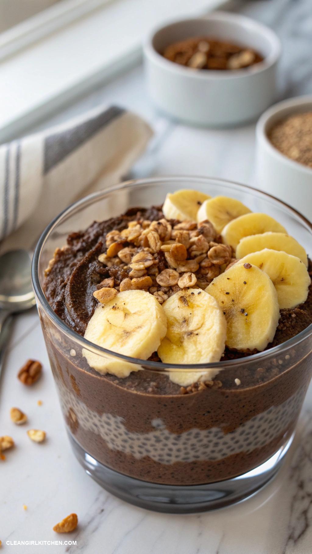 healthy chia pudding recipes Chocolate Banana Chia Pudding Mix chia seeds with unsweetened cocoa powder banana puree and coconut milk. Top with sliced bananas and walnuts