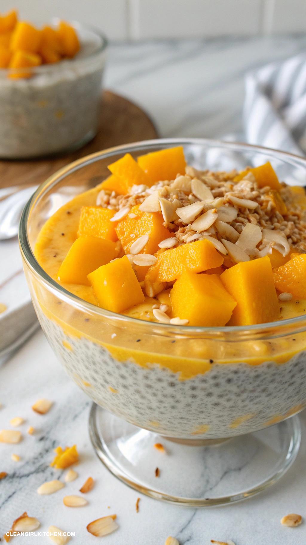 healthy chia pudding recipes Mango Coconut Chia Pudding Blend chia seeds with coconut milk and mango puree. Chill and serve with diced mango and toasted coconut flakes