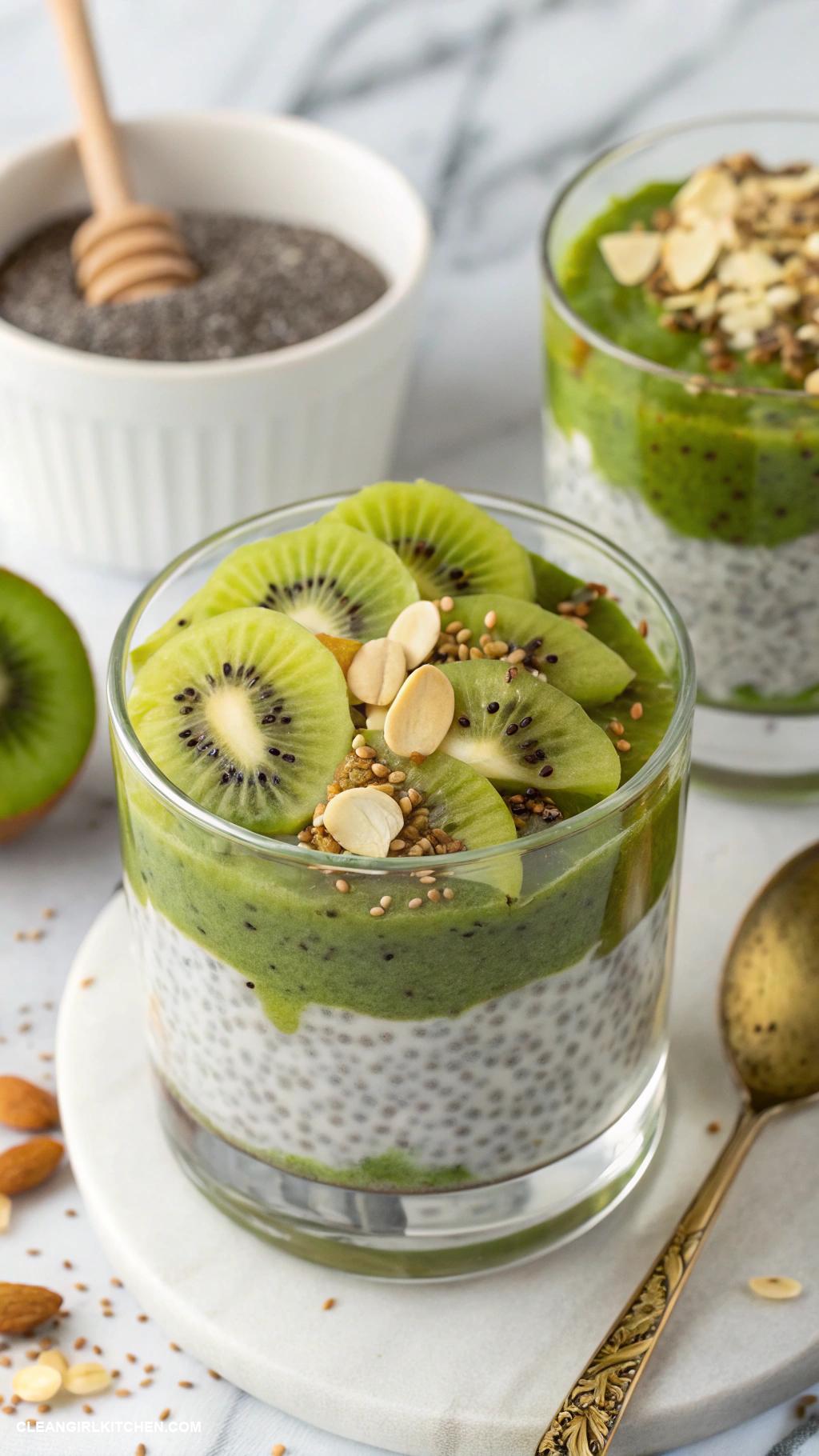 healthy chia pudding recipes Matcha Green Tea Chia Pudding Combine chia seeds with almond milk matcha powder and honey. Top with kiwi and almonds for a refreshing finish