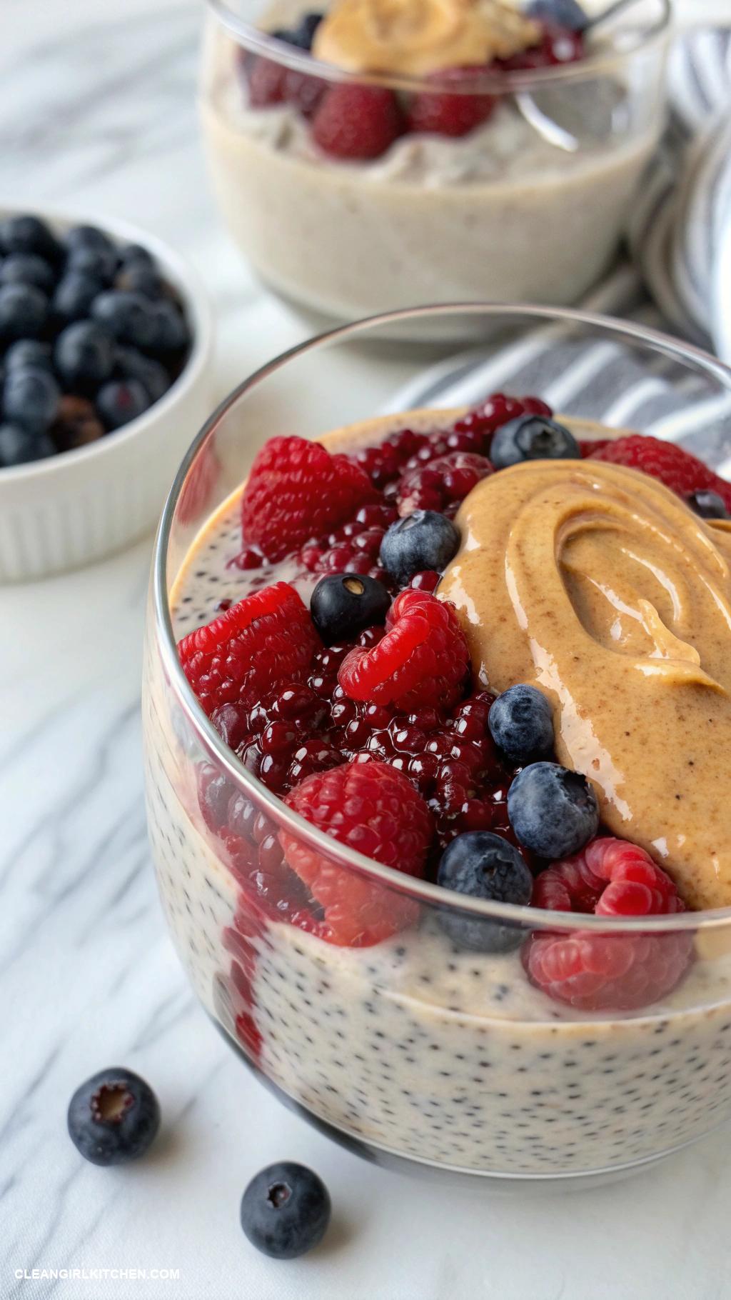 healthy chia pudding recipes Peanut Butter Jelly Chia Pudding Mix chia seeds with almond milk peanut butter and a dollop of berry jam. Stir well and top with fresh berries