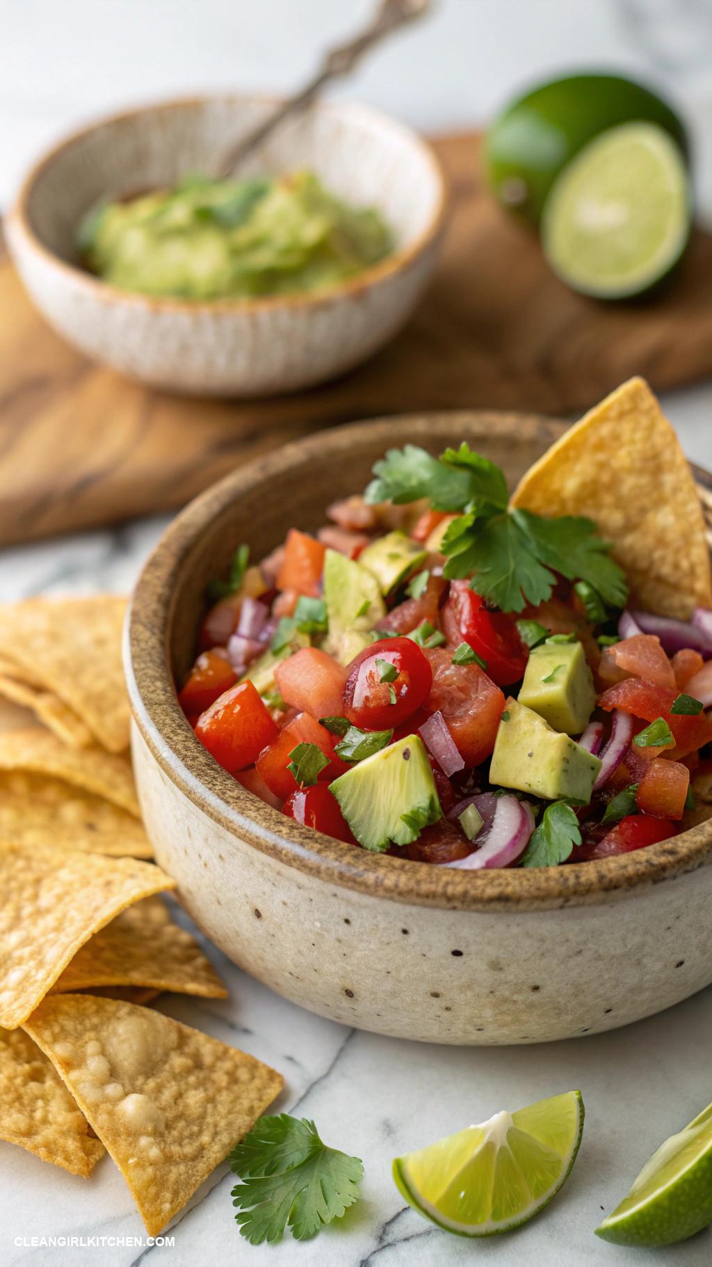 healthy christmas appetizers Avocado and Tomato Salsa with Whole Grain Tortilla Chips