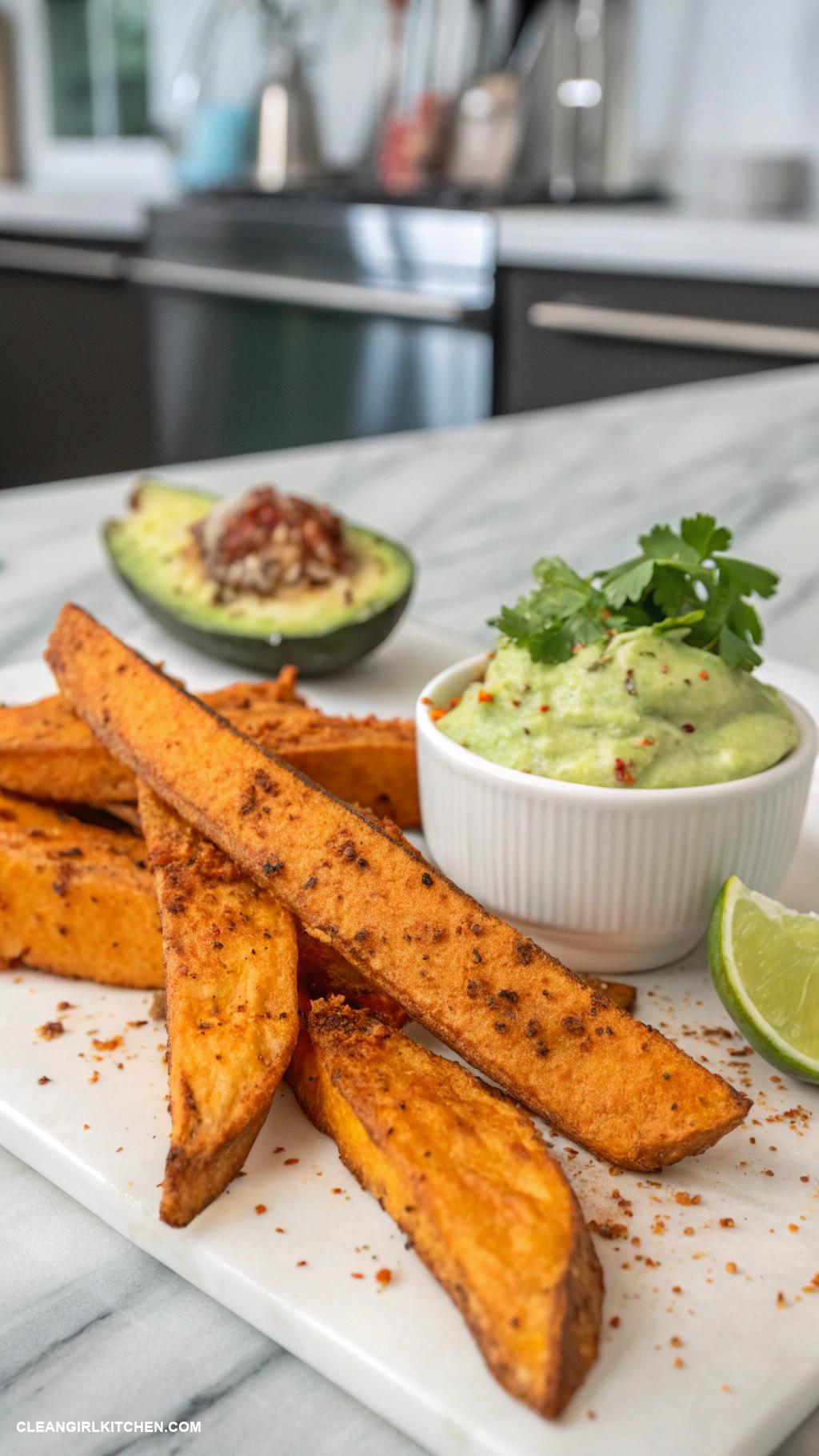 healthy christmas appetizers Baked Sweet Potato Wedges with Avocado Dip