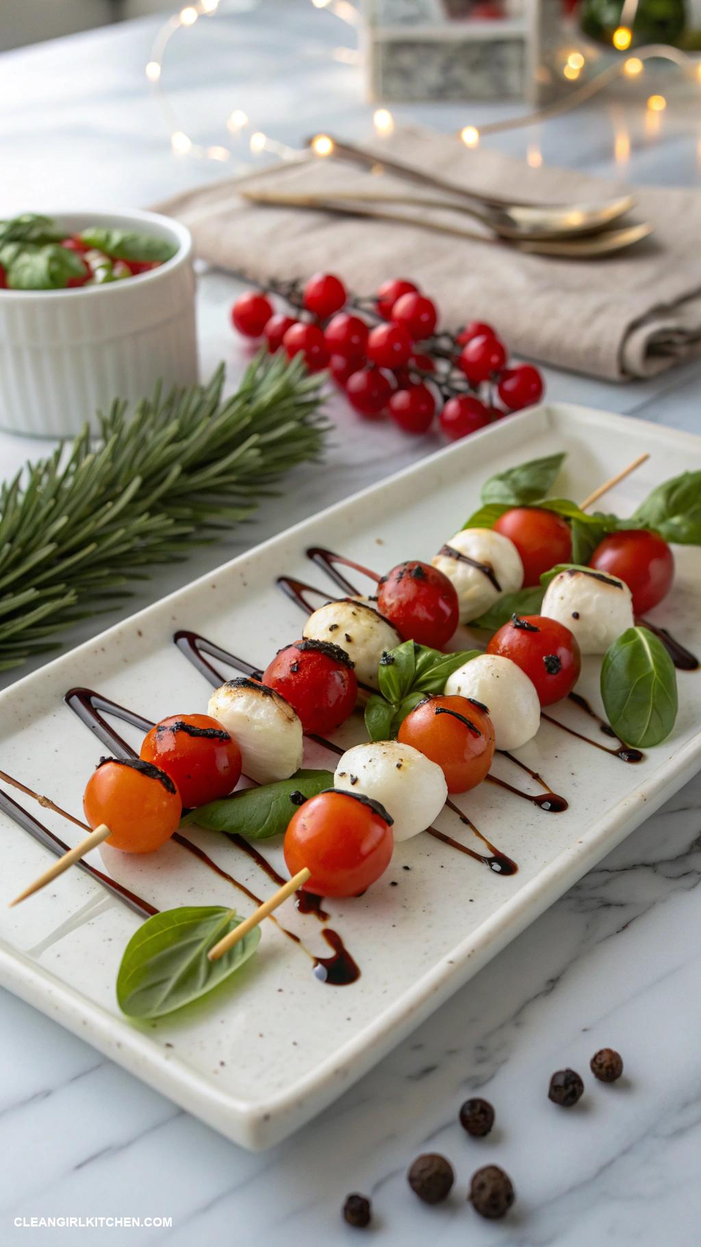 healthy christmas appetizers Caprese Salad Skewers with Basil and Balsamic Glaze