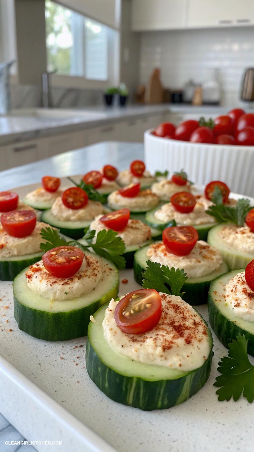 healthy christmas appetizers Cucumber Rounds with Hummus and Cherry Tomatoes