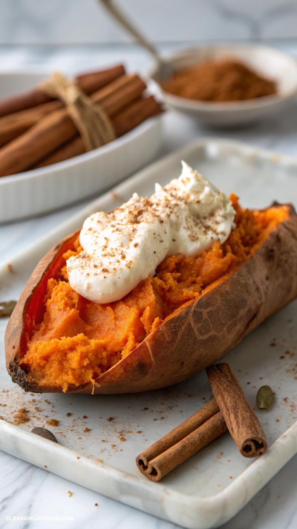 healthy christmas breakfast Baked Sweet Potato with Greek Yogurt and Cinnamon