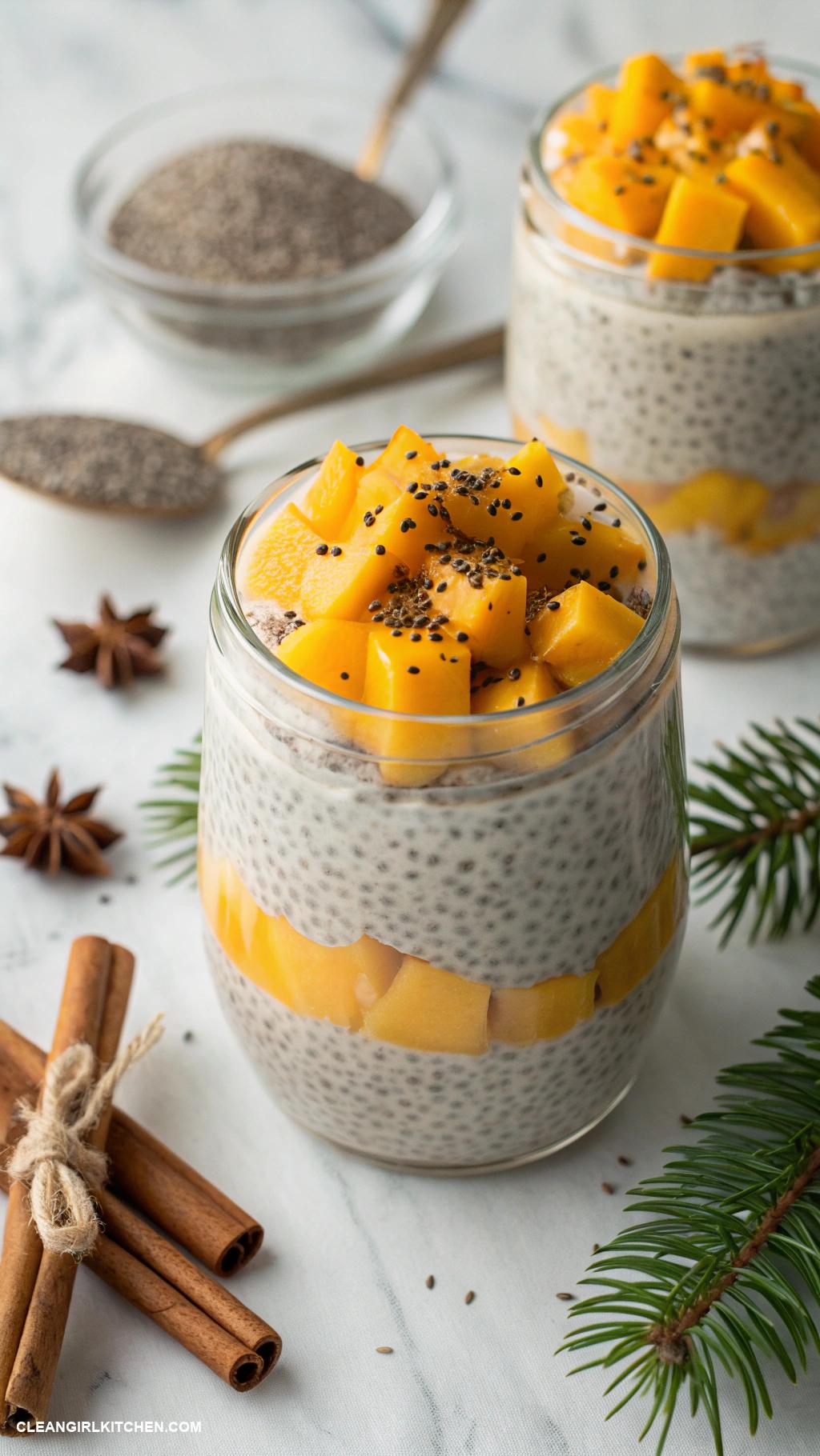 healthy christmas breakfast Chia Pudding with Coconut Milk and Topped with Mango Cubes