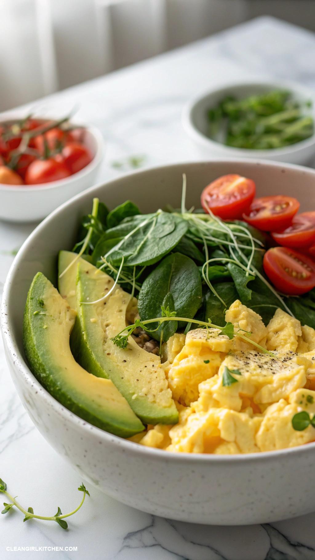 healthy christmas breakfast Egg and Spinach Breakfast Bowl with Avocado and Cherry Tomatoes