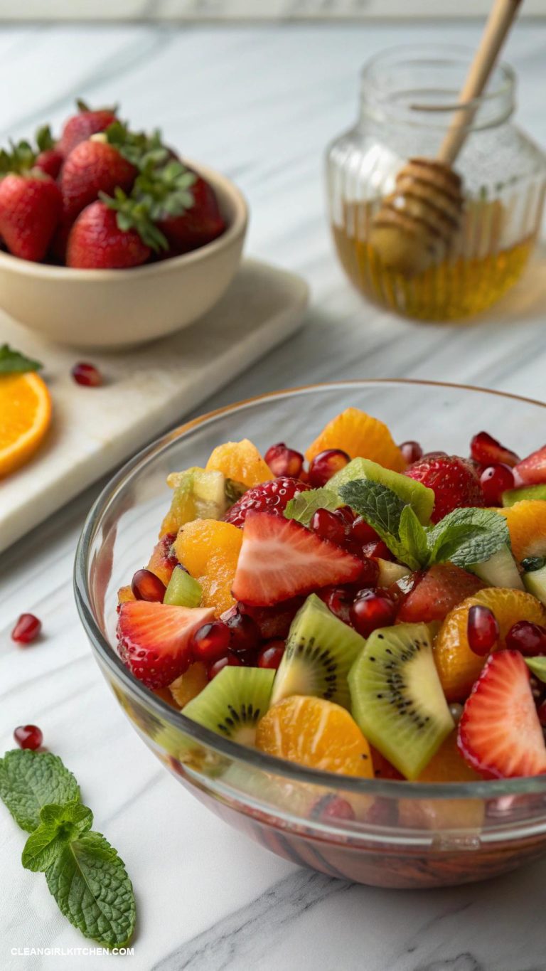 healthy christmas breakfast Fruit Salad with a Mix of Seasonal Fruits and a Honey Drizzle