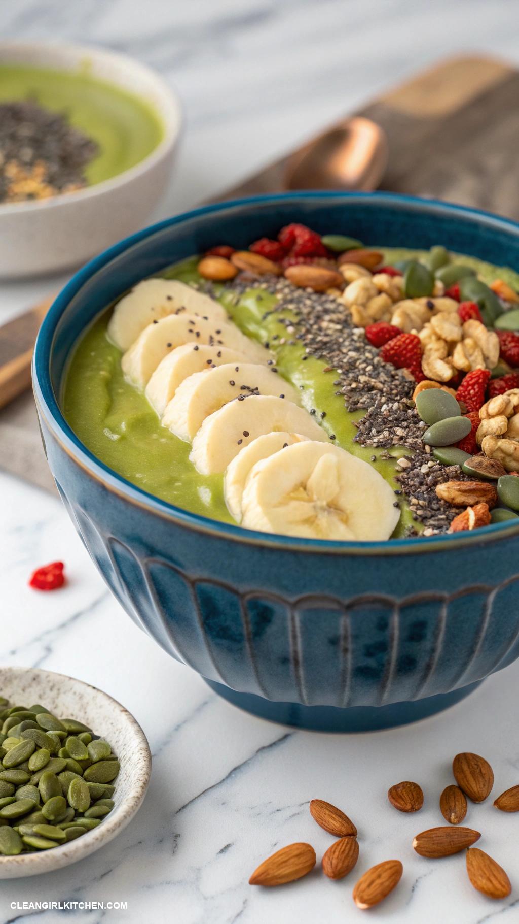 healthy christmas breakfast Smoothie Bowl with Spinach Banana and Toppings of Seeds and Nuts
