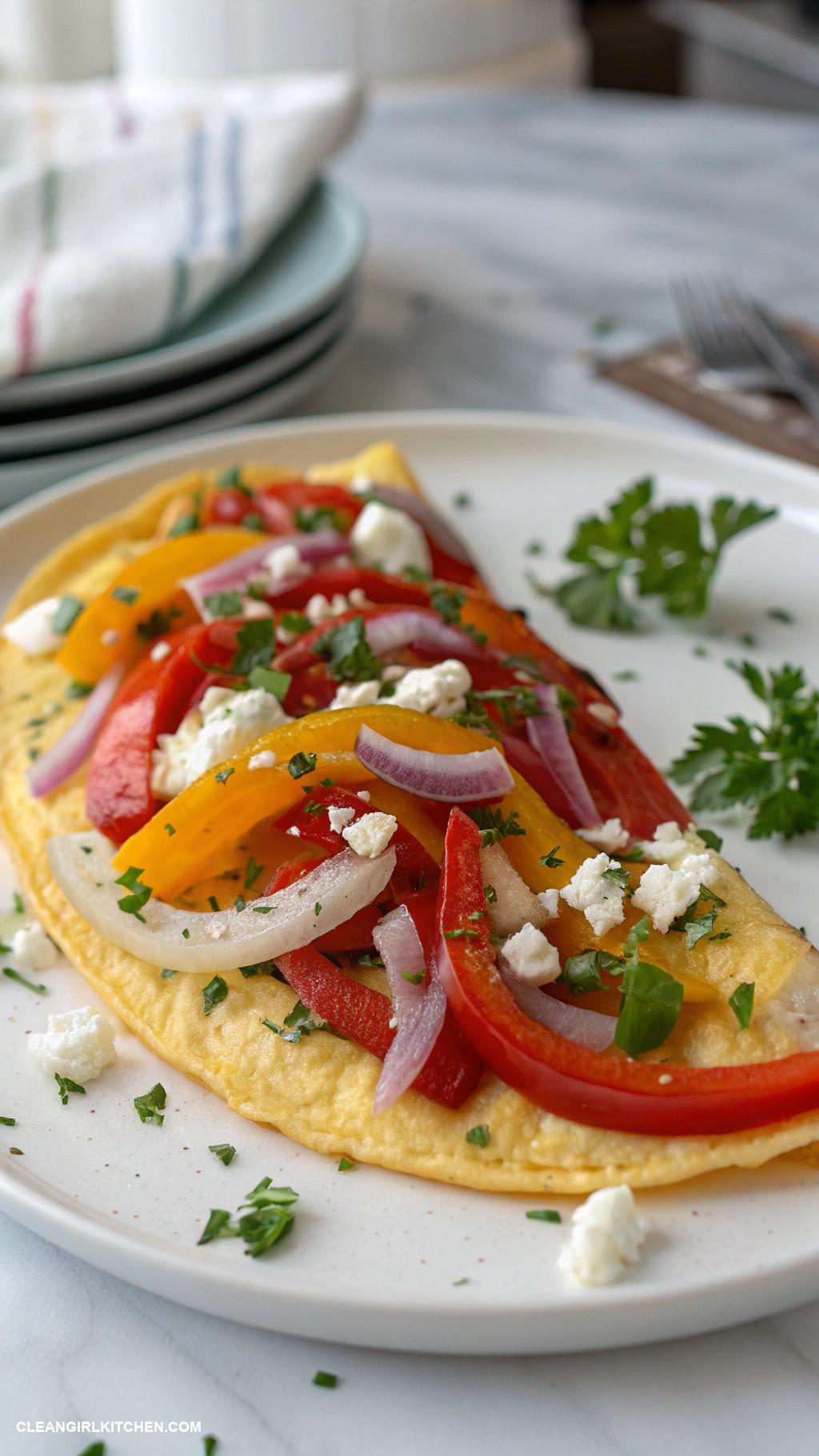 healthy christmas breakfast Vegetable Omelet with Bell Peppers Onions and Feta Cheese