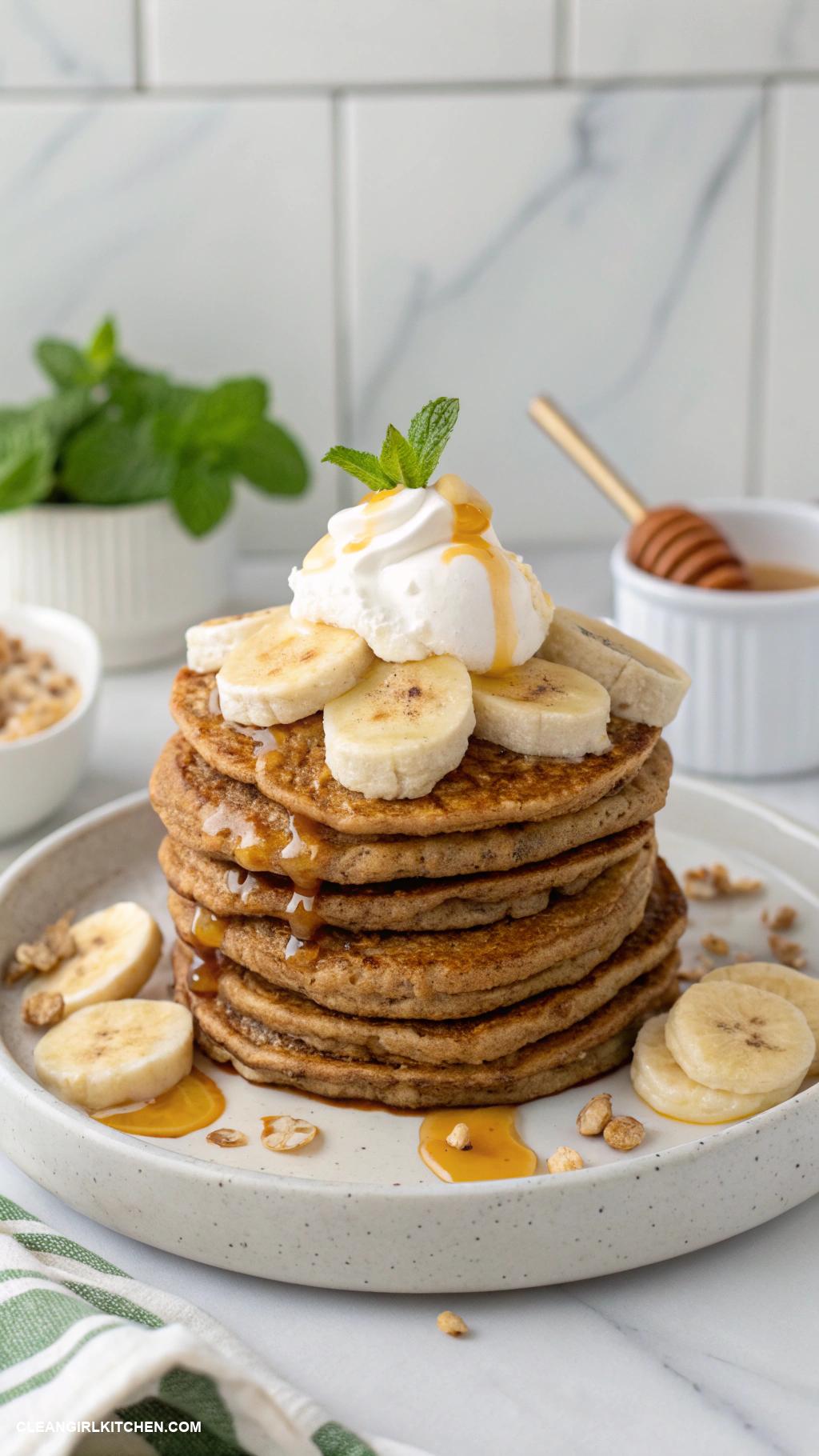 healthy christmas breakfast Whole Grain Pancakes Topped with Greek Yogurt and Sliced Bananas