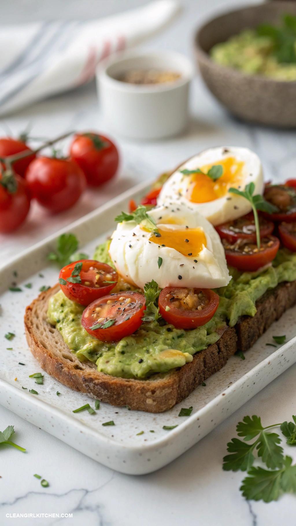 healthy christmas breakfast Whole Grain Toast with Avocado Poached Egg and Cherry Tomatoes