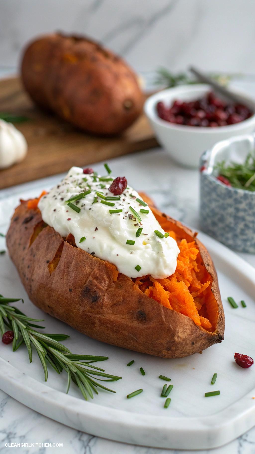 healthy christmas dinner Baked Sweet Potatoes with Greek Yogurt and Chives