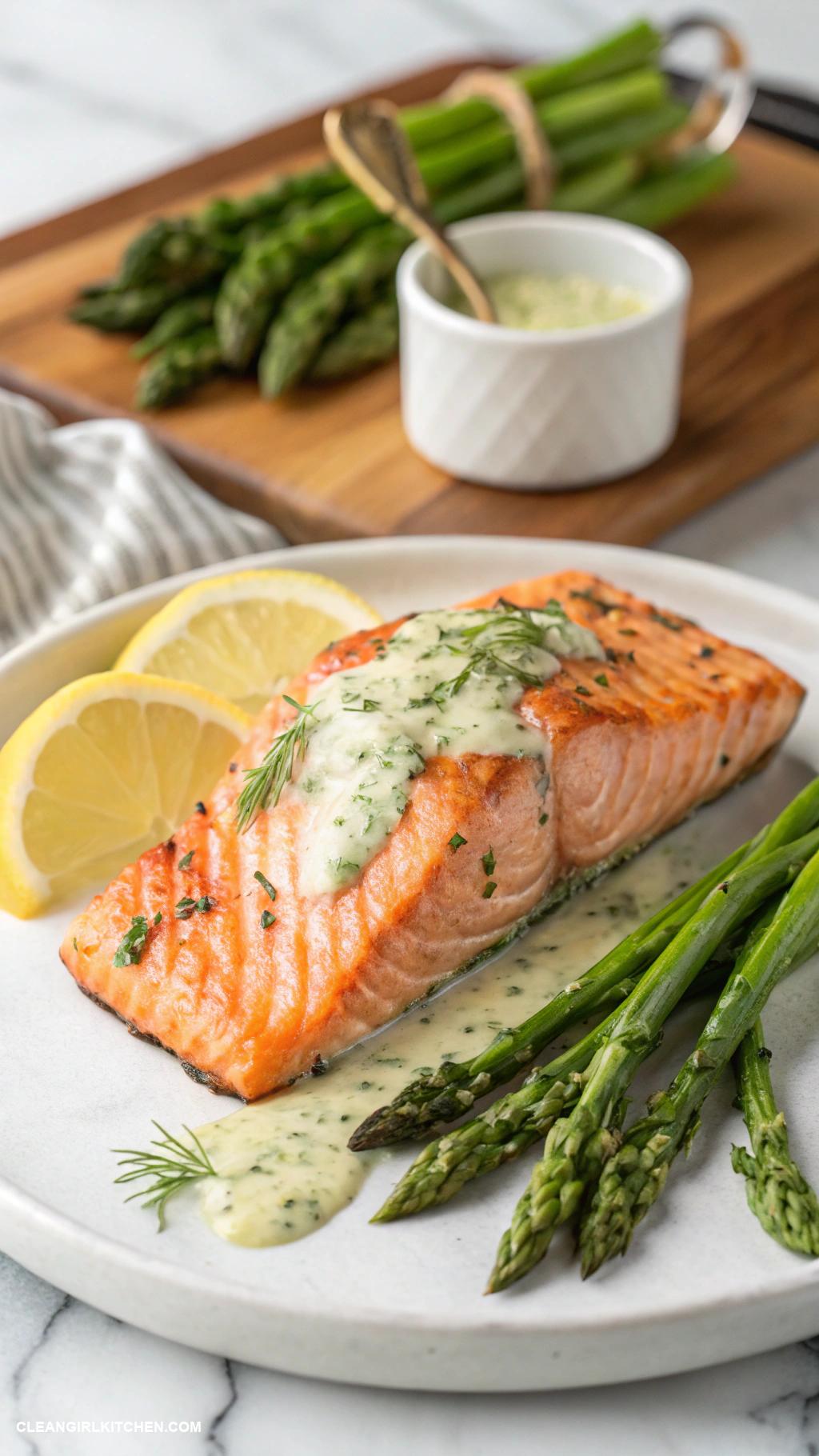 healthy christmas dinner Grilled Salmon with Lemon Dill Sauce and Asparagus
