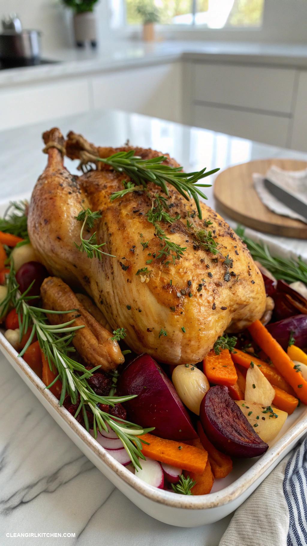 healthy christmas dinner Herbed Roast Chicken with Root Vegetables