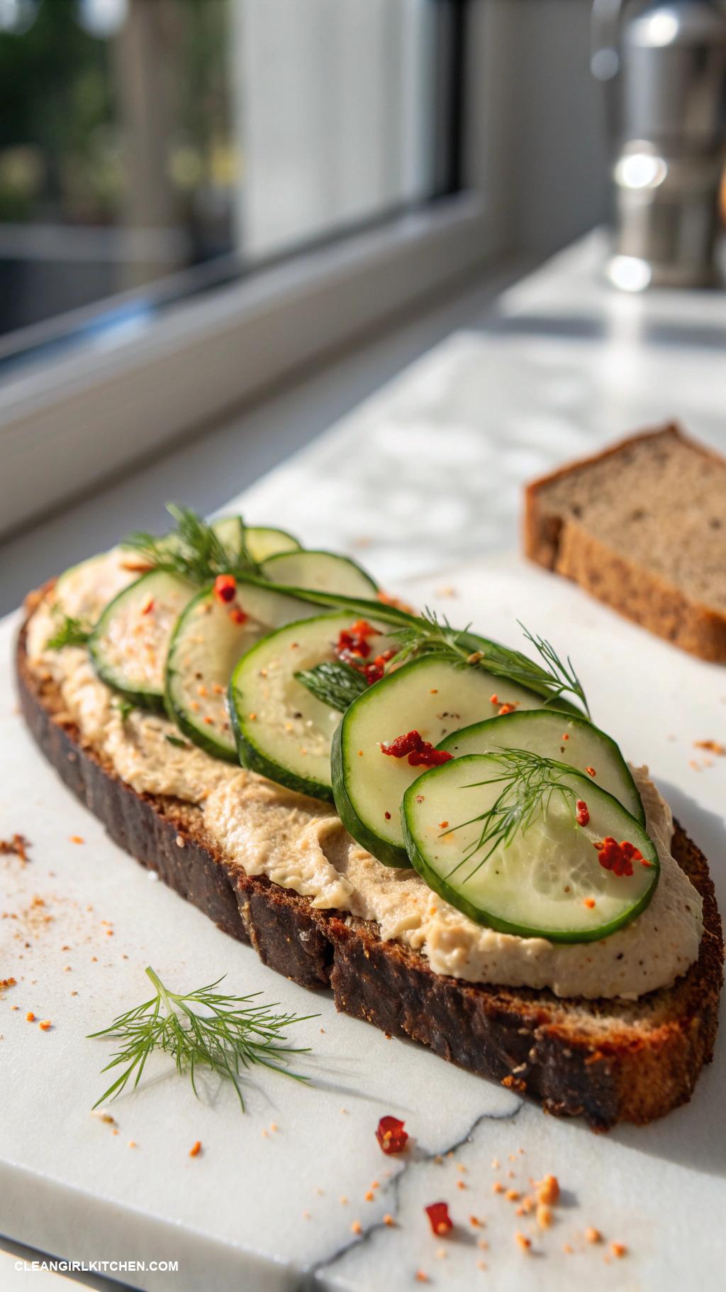 healthy toast recipes Rye Bread with Hummus and Cucumber Slices