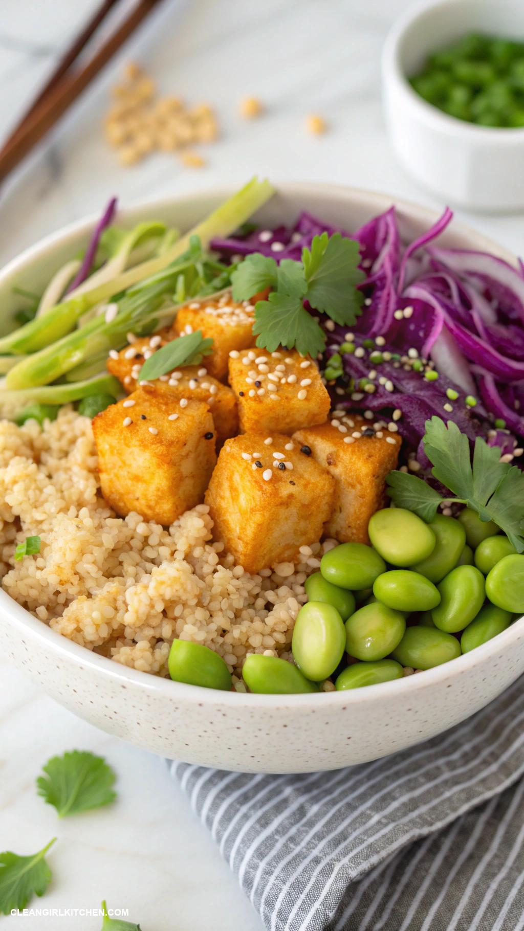 quinoa bowls Asian Quinoa Bowl with Tofu Edamame Cabbage and Sesame Ginger Dressing