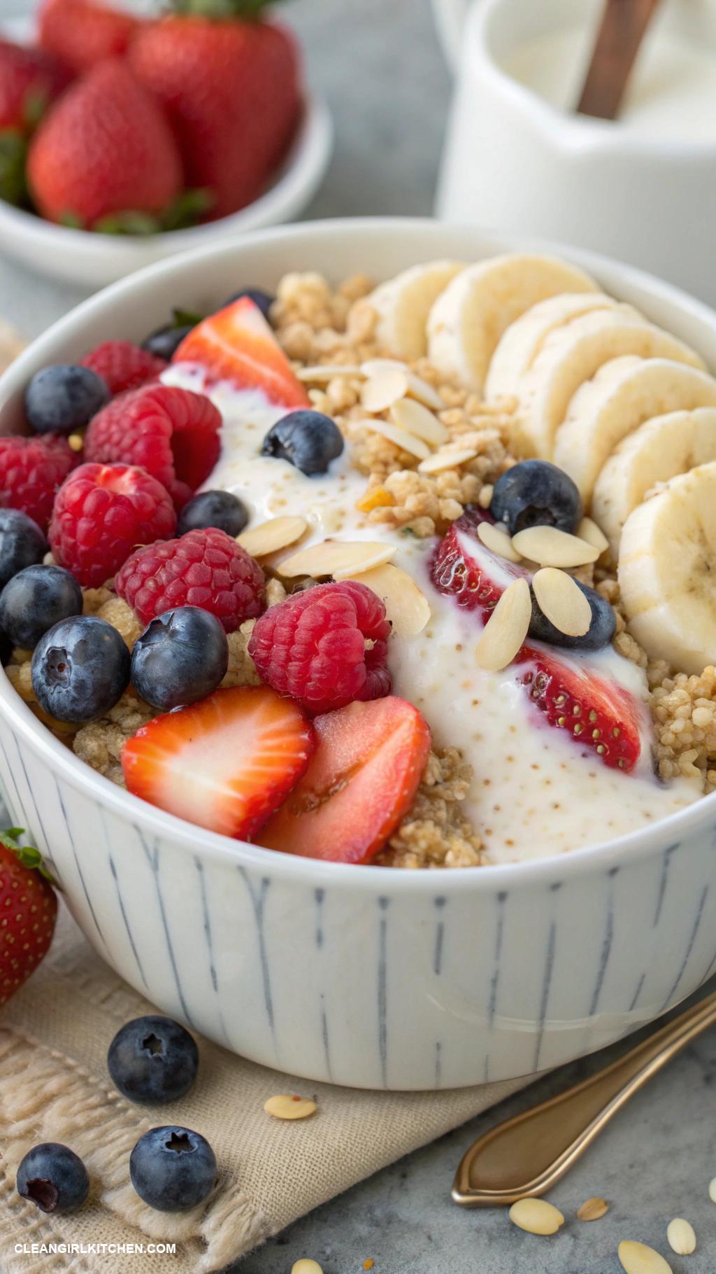 quinoa bowls Breakfast Quinoa Bowl with Almond Milk Bananas Berries and a drizzle of Honey