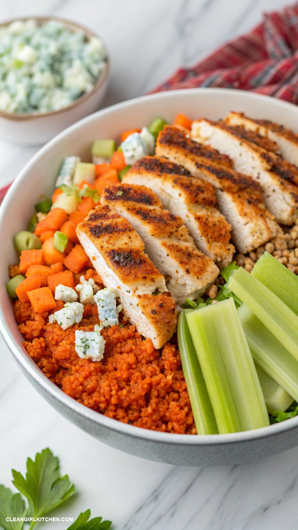 quinoa bowls Buffalo Chicken Quinoa Bowl with Grilled Chicken Celery Blue Cheese and Ranch Dressing