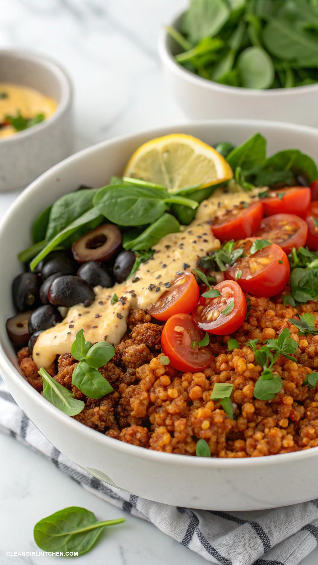 quinoa bowls Mediterranean Lentil and Quinoa Bowl with Spinach Olives and Lemon Tahini Sauce