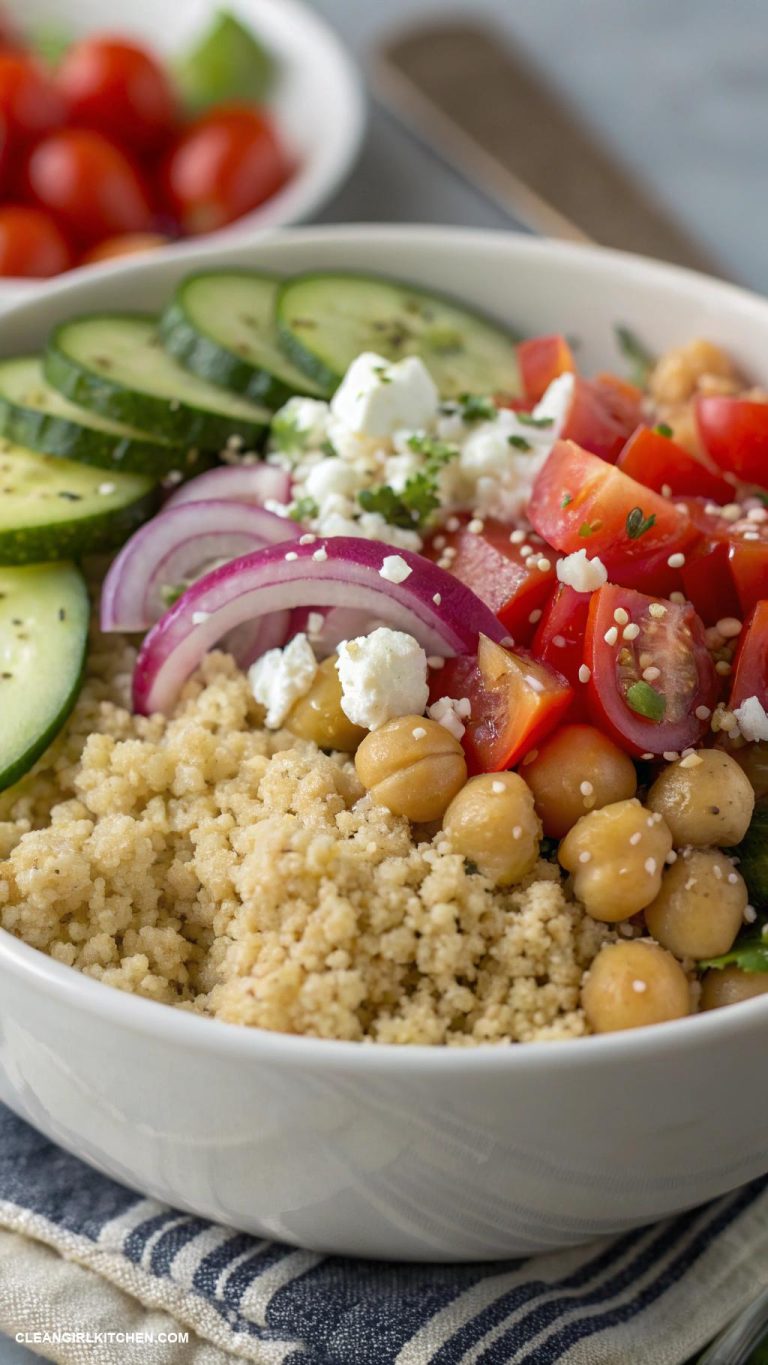 quinoa bowls Mediterranean Quinoa Bowl with Chickpeas Cucumber Tomato Red Onion and Feta