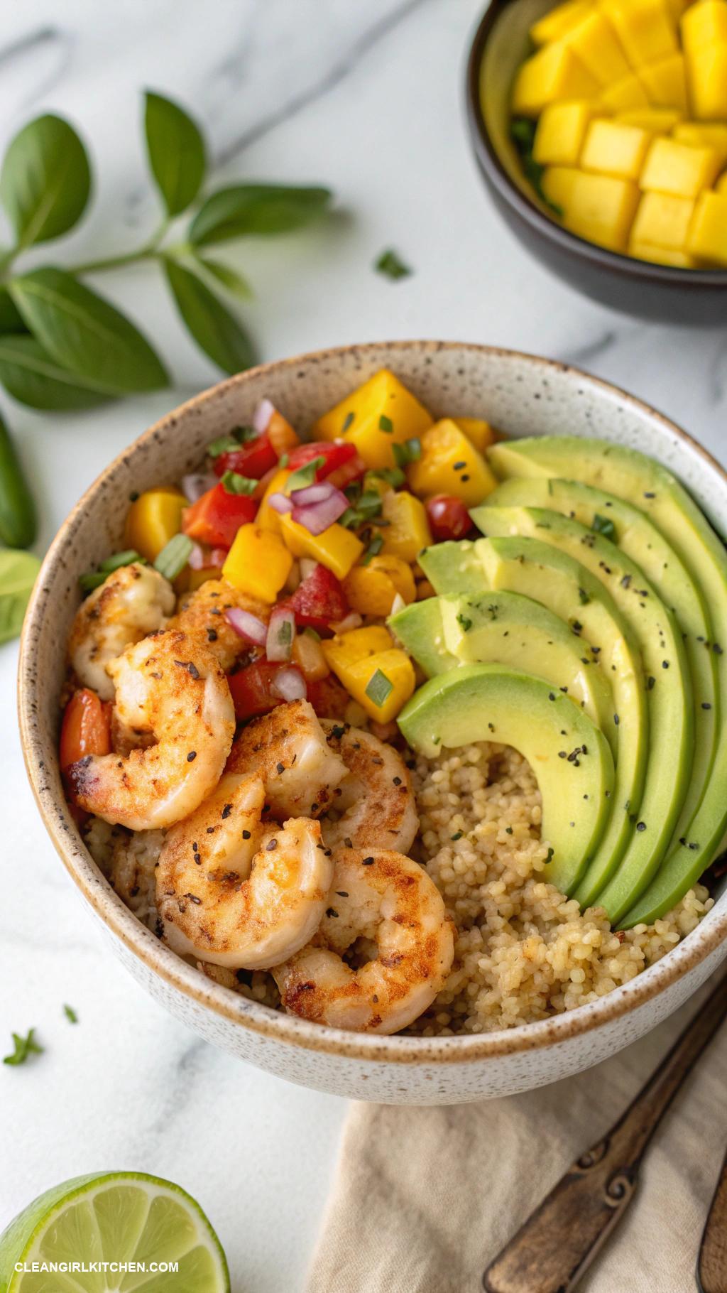 quinoa bowls Quinoa Bowl with Grilled Shrimp Avocado Mango Salsa and Lime Vinaigrette