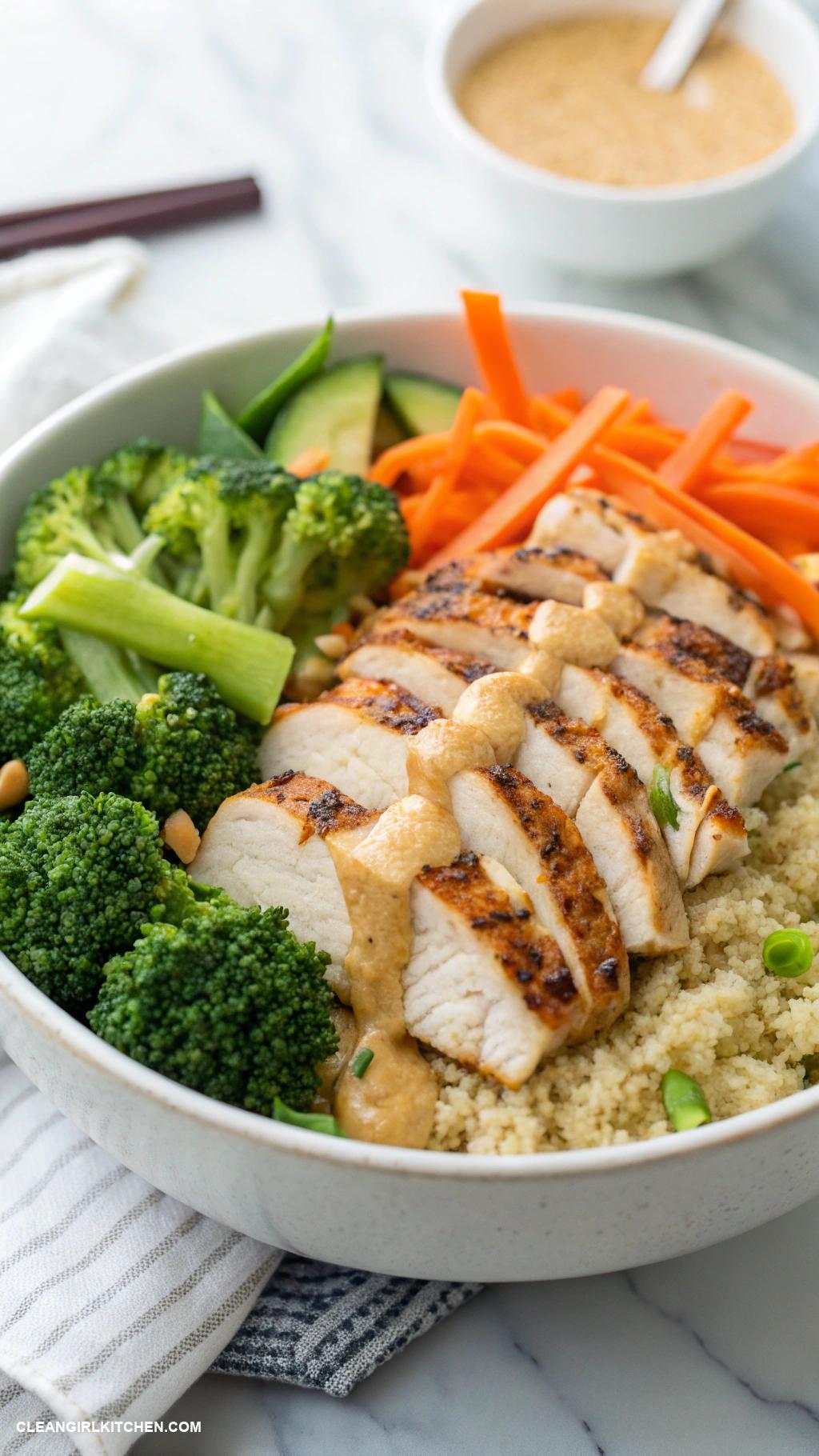 quinoa bowls Thai Peanut Quinoa Bowl with Grilled Chicken Broccoli Carrots and Peanut Sauce