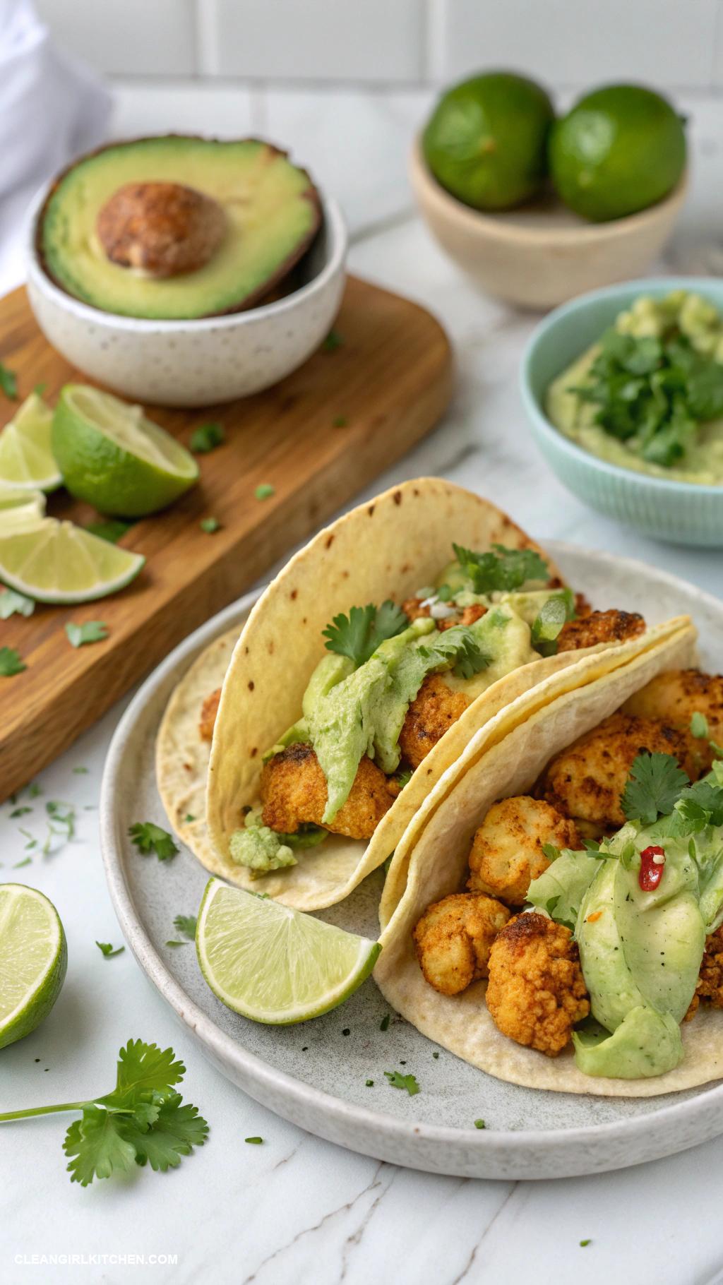 vegan dinner recipes Cauliflower tacos with avocado lime sauce