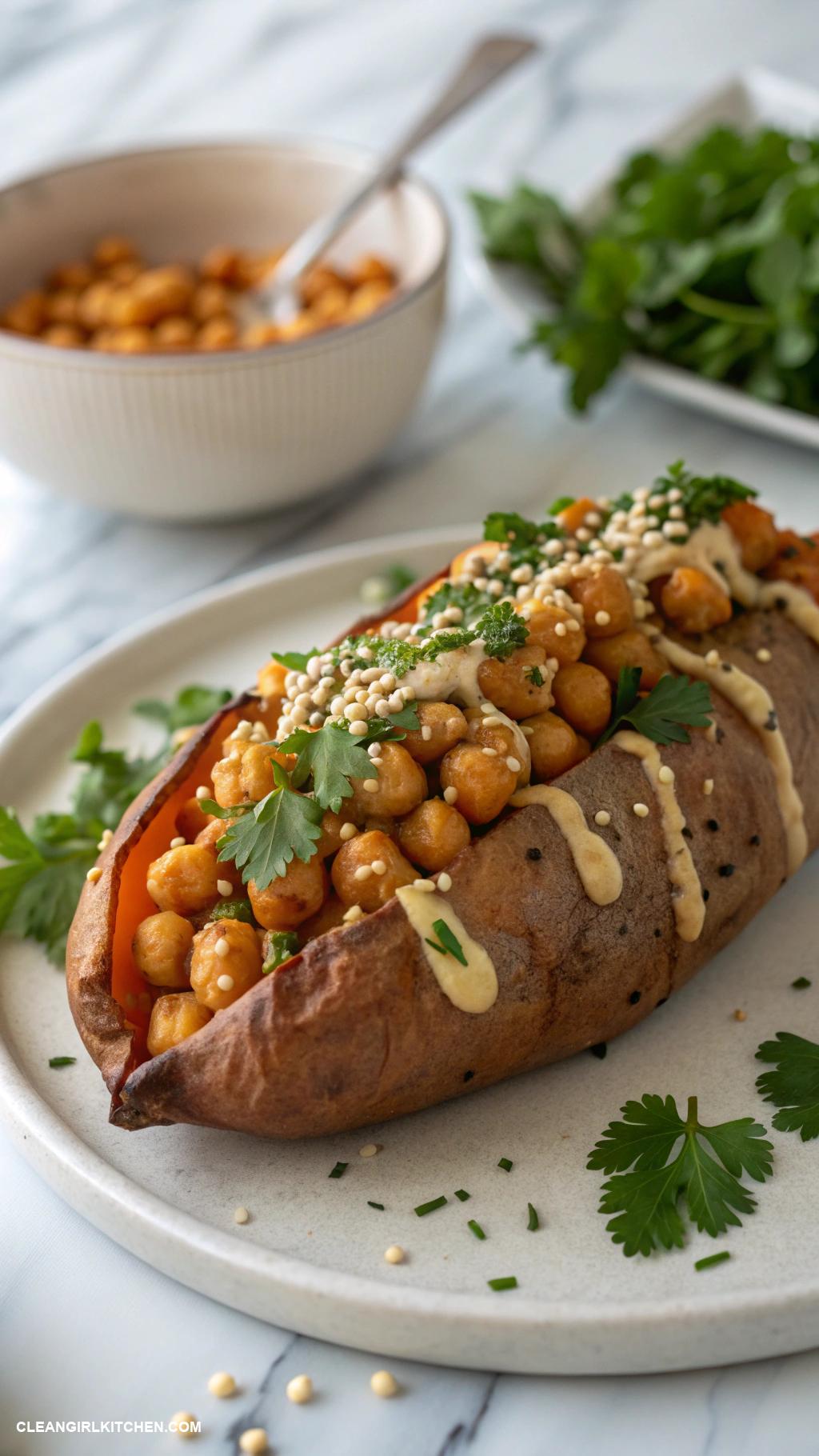 vegan dinner recipes Stuffed sweet potatoes with chickpeas and tahini