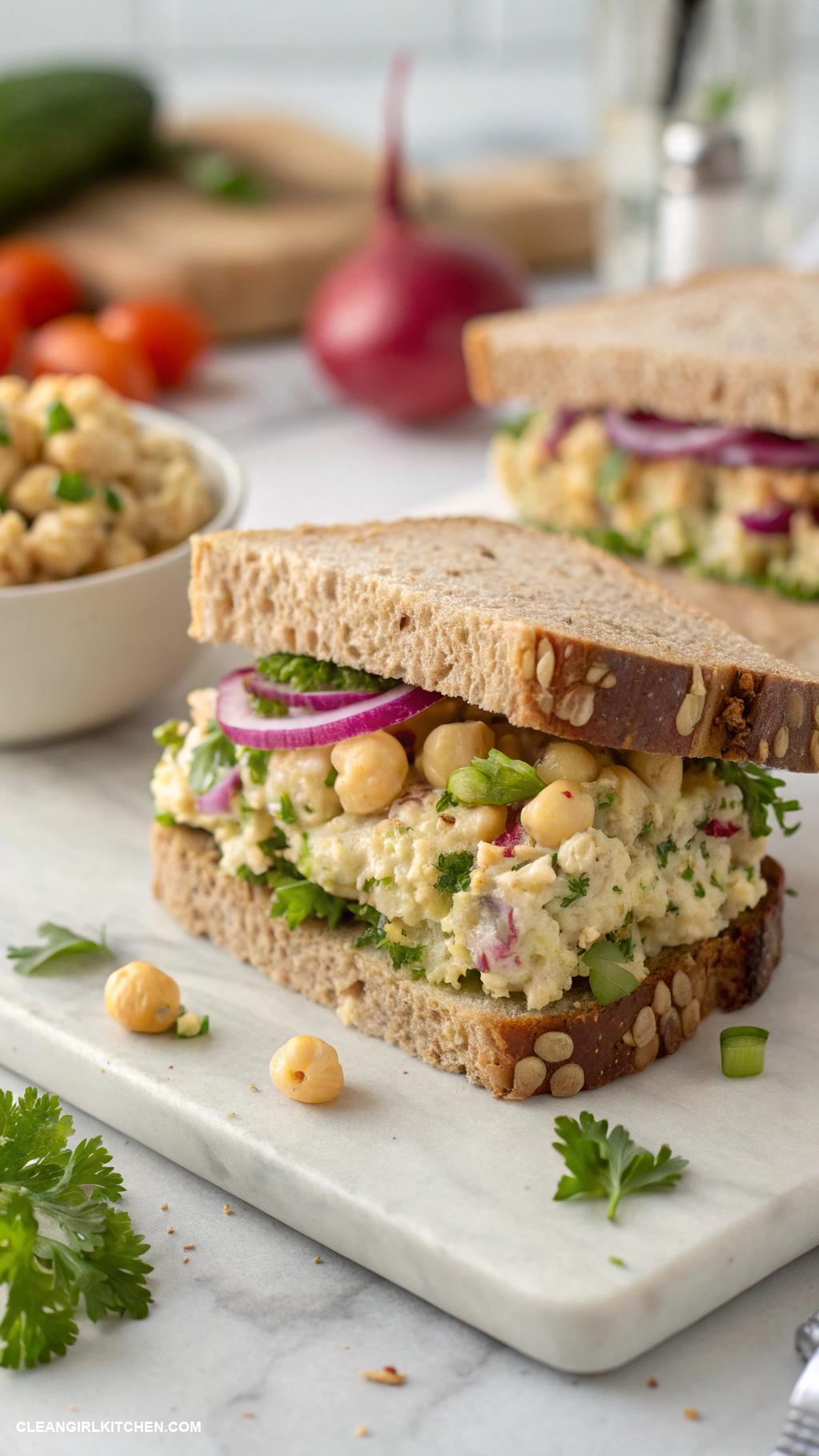 vegan lunch recipes Chickpea Salad Sandwich Mashed chickpeas mixed with diced celery red onion and vegan mayo served on whole grain bread